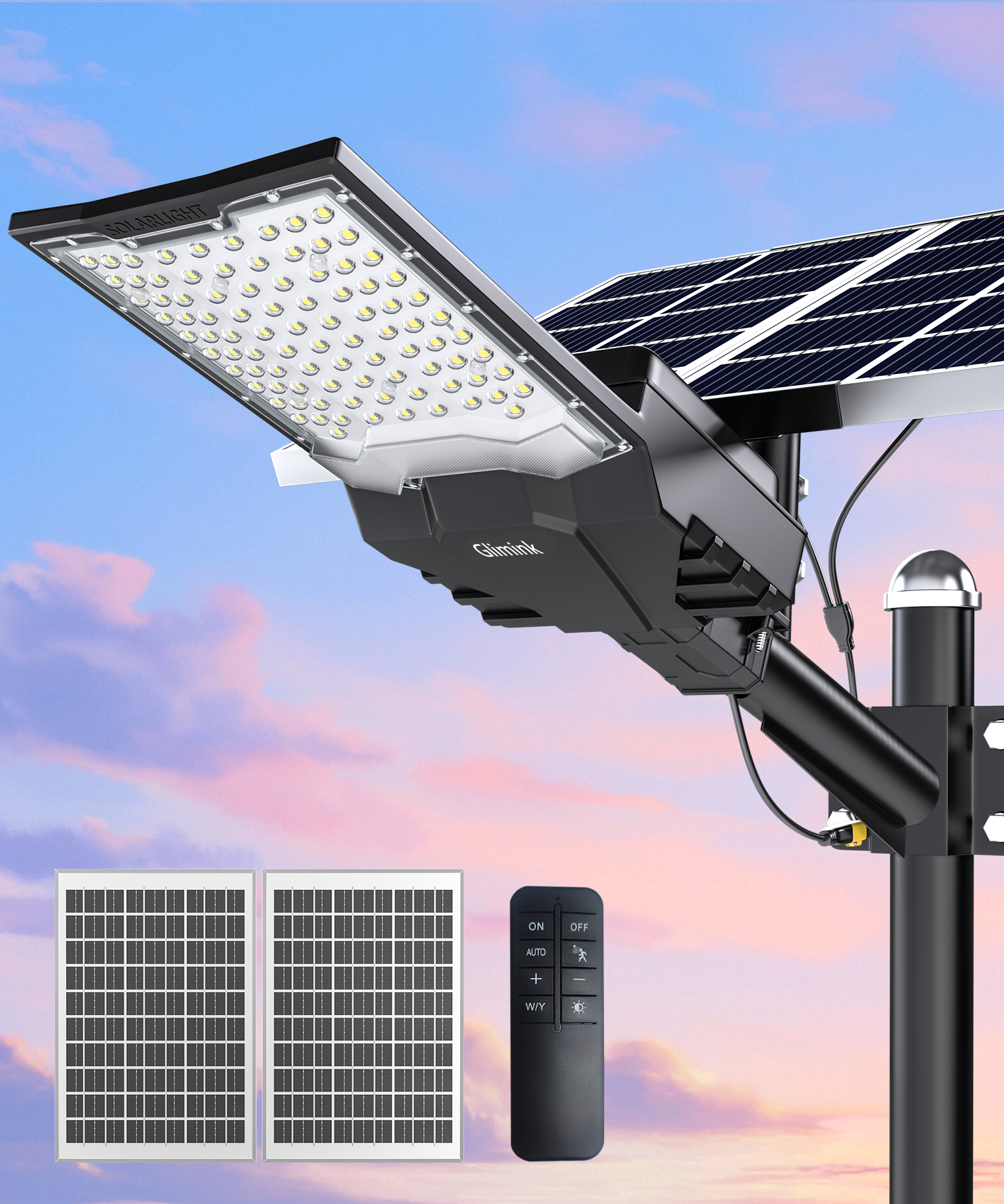 Glimink-SL-18000W Solar Street Lights Outdoor, Commercial Parking Lot Light Dusk to Dawn IP67 Waterproof 6500K Security Flood Lights Lamp for Yard, Road, Basketball Courts