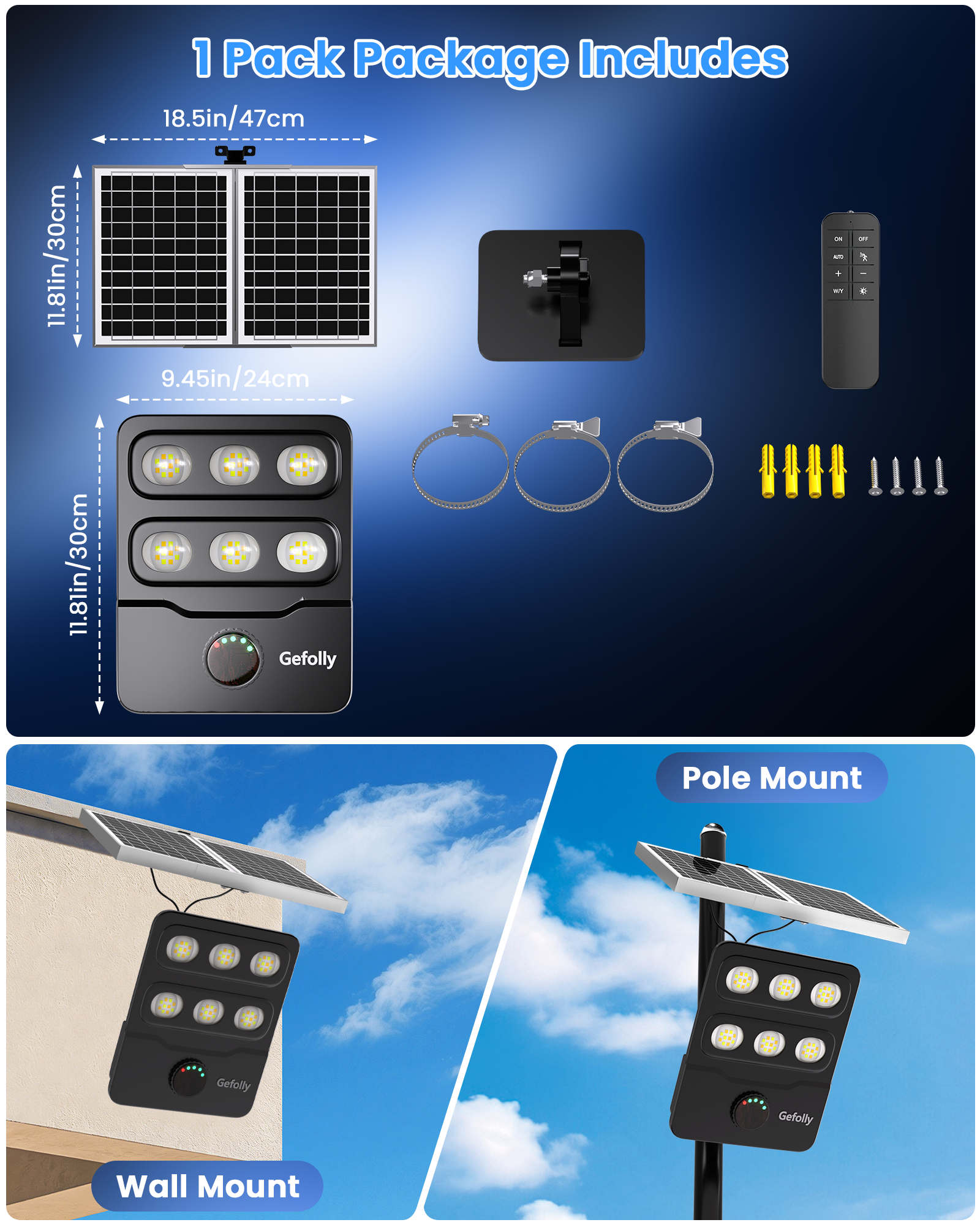 Gefolly FL-10000W Solar Street Light Outdoor, Flood Security Parking Lot (2 Pack)