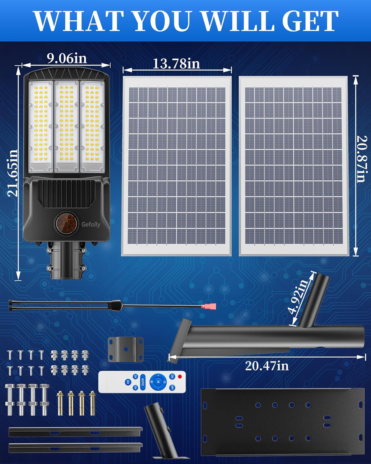 Gefolly SL - 9800W Solar Street Lights Outdoor, 650000LM Commercial Parking Lot Light Dusk to Dawn IP67 Waterproof 6500K Security Flood Lights Lamp for Yard, Road, Basketball Courts - Gefolly