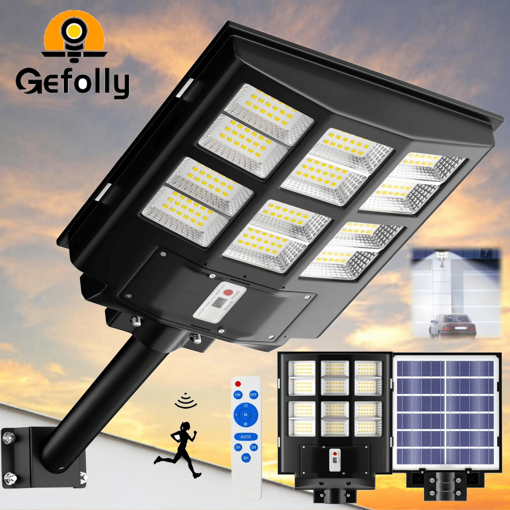 Gefolly Solar Street Light , Commercial Parking Lot Light, 6500K Dusk to Dawn IP67 Outdoor Security Flood Light with Motion Sensor for Road, Yard - Gefolly