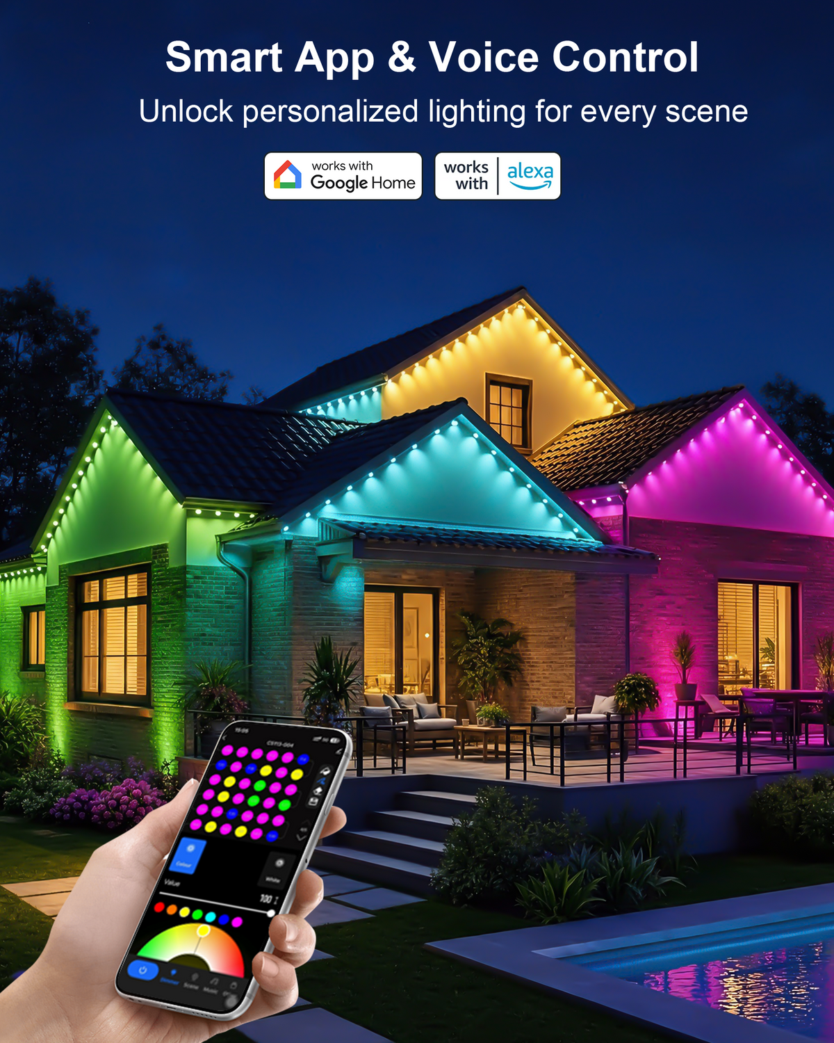 Gefolly Permanent Outdoor Lights Pro, 300ft 156 RGBW Light 111 Scene Modes