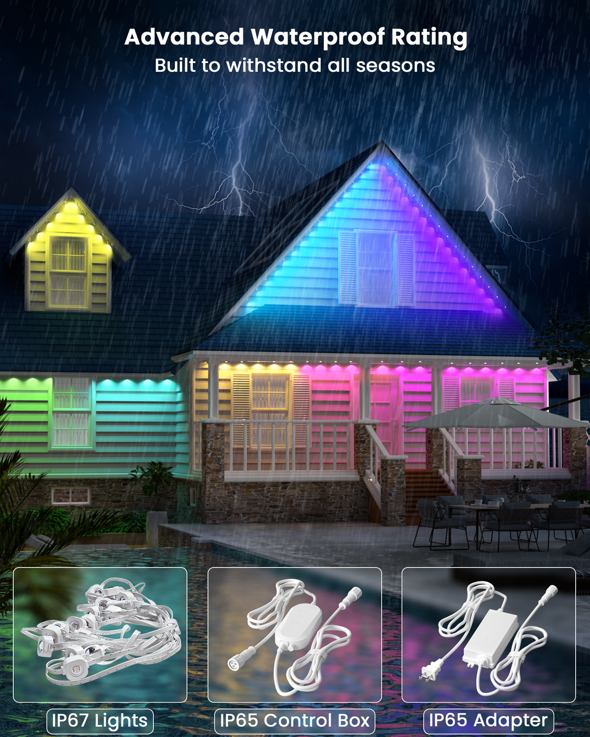 Gefolly Permanent Outdoor Lights Pro, 200ft, 120 RGBW Light 111 Scene Modes