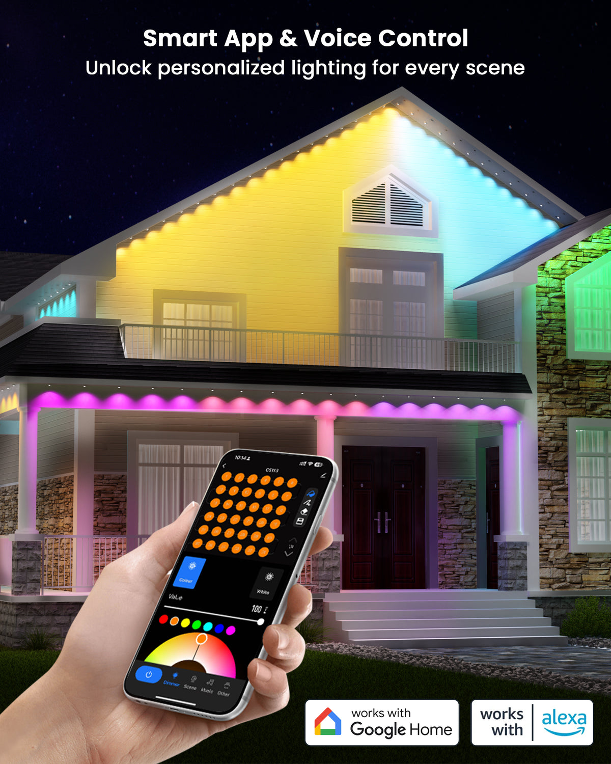 Gefolly Permanent Outdoor Lights Pro, 200ft, 120 RGBW Light 111 Scene Modes