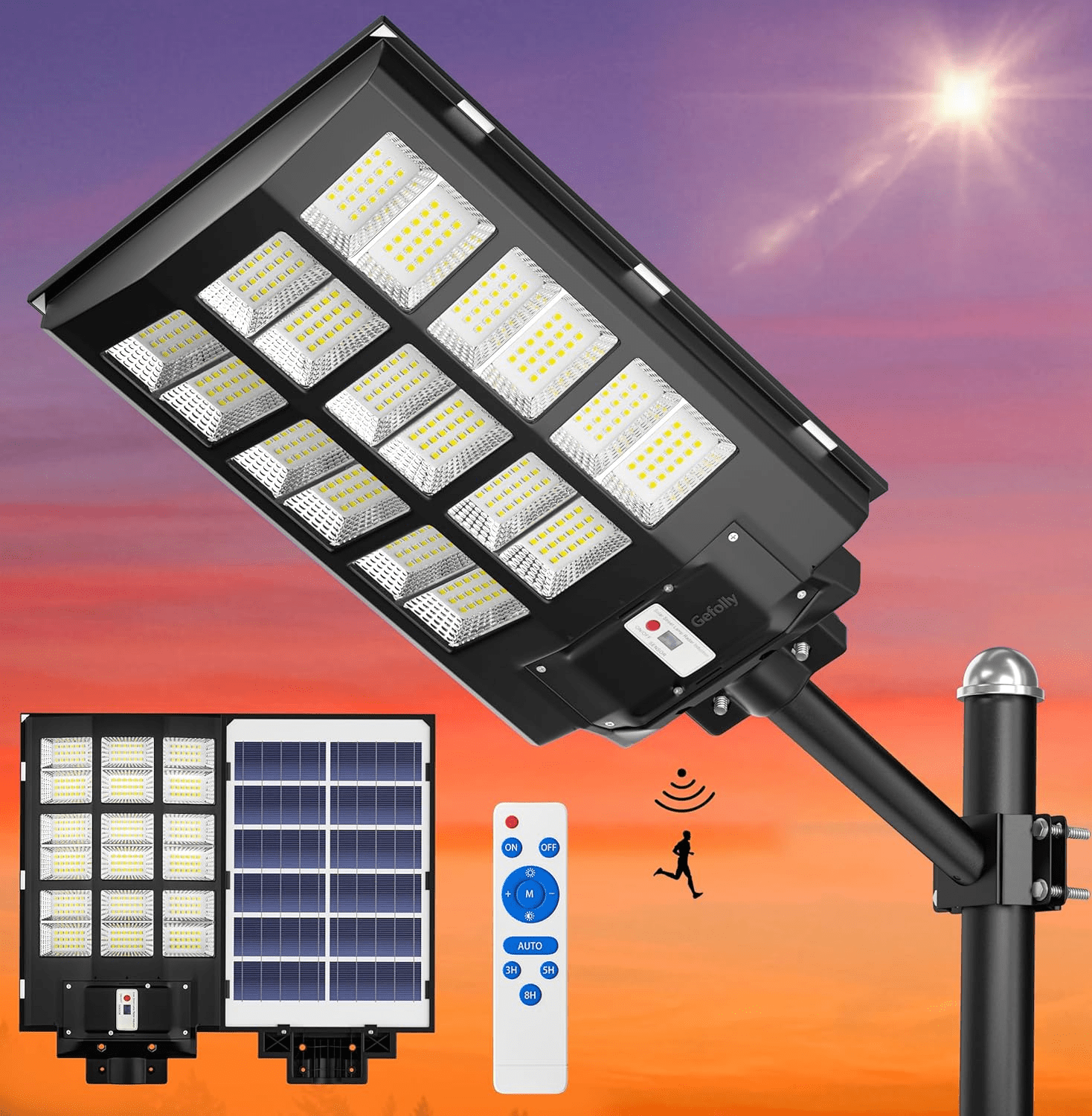 Gefolly SL - 3600W Solar Street Lights Outdoor, 360000LM Commercial Parking Lot Light Dusk to Dawn, 6500K Security Flood Motion Sensor Light for Basketball Court, Road, Garden - Gefolly
