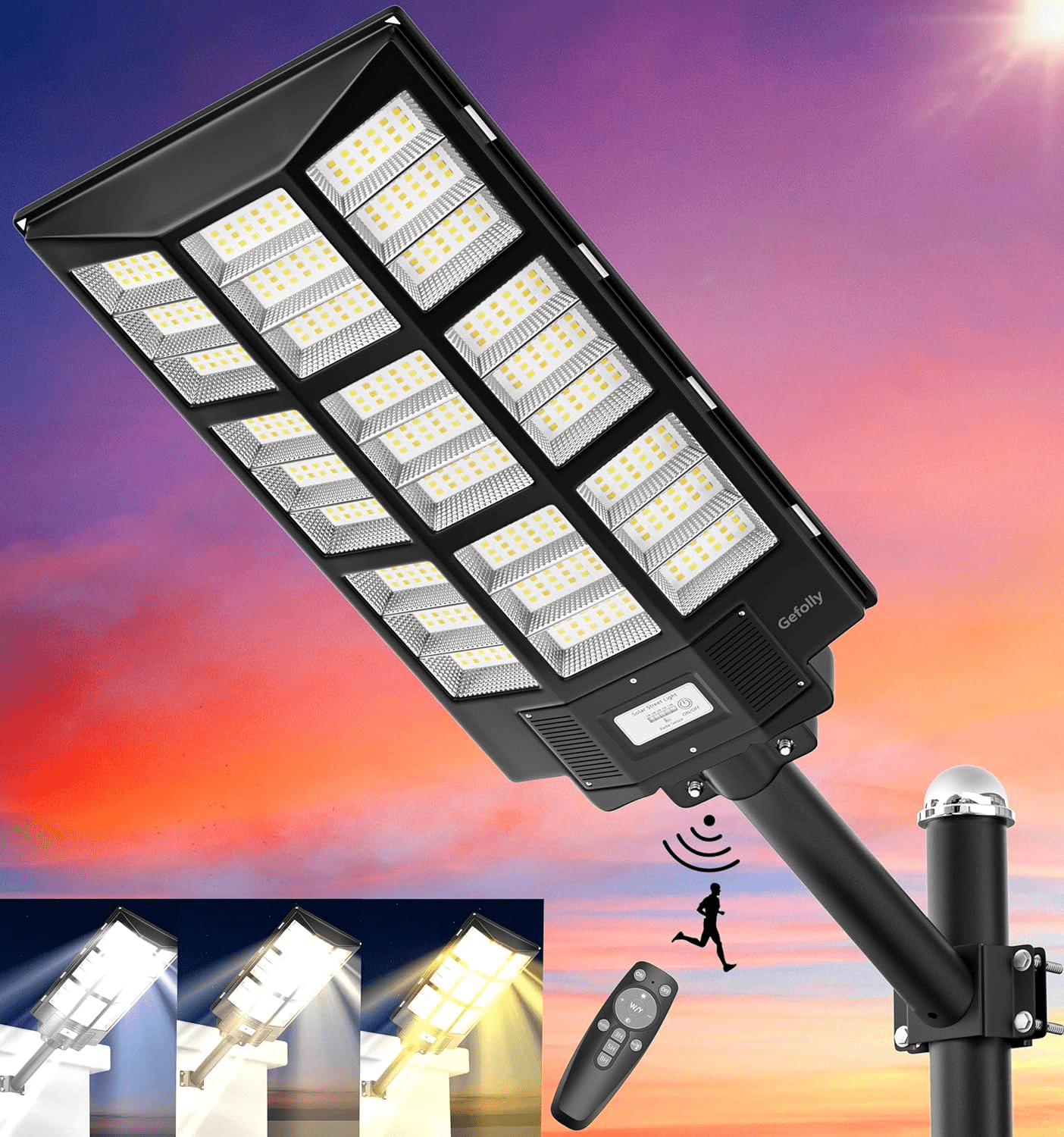 Gefolly SL - 7200W Solar Street Lights Outdoor,600000LM Commercial Parking Lot Light,3000K/4000K/6500K Dusk to Dawn IP67 Security Flood Lights Motion Sensor Led Lamp for Basketball Court, Road, Yard - Gefolly
