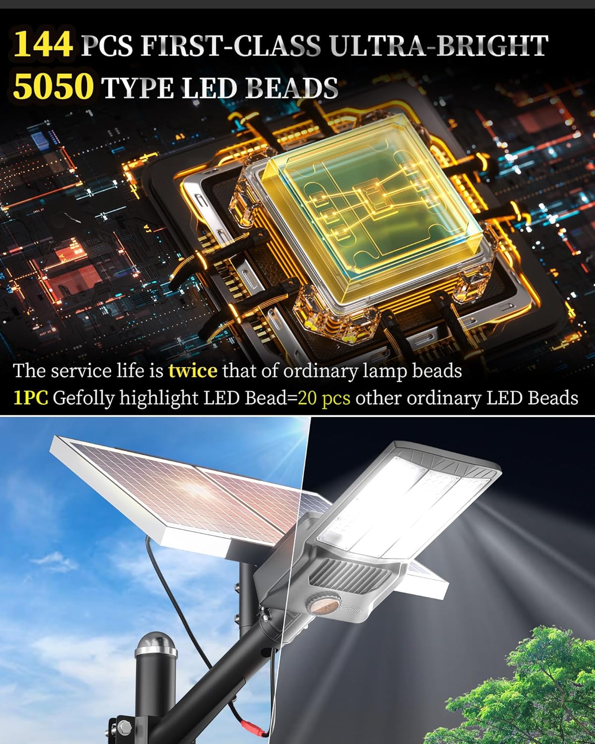 Gefolly SL - 9800W Solar Street Lights Outdoor, 650000LM Commercial Parking Lot Light Dusk to Dawn IP67 Waterproof 6500K Security Flood Lights Lamp for Yard, Road, Basketball Courts - Gefolly