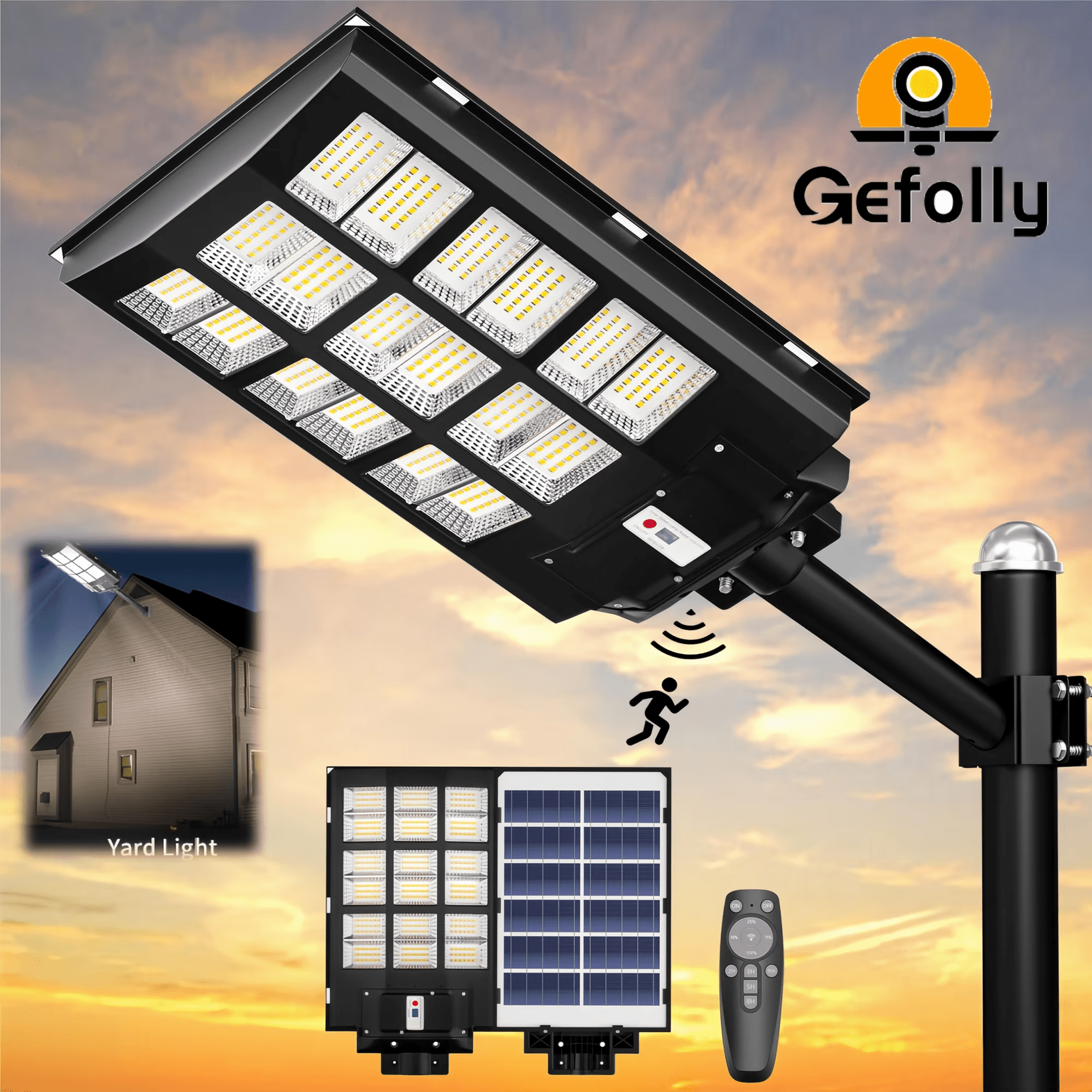 Gefolly Solar Street Light , Commercial Parking Lot Light, 6500K Dusk to Dawn IP67 Outdoor Security Flood Light with Motion Sensor for Road, Yard - Gefolly