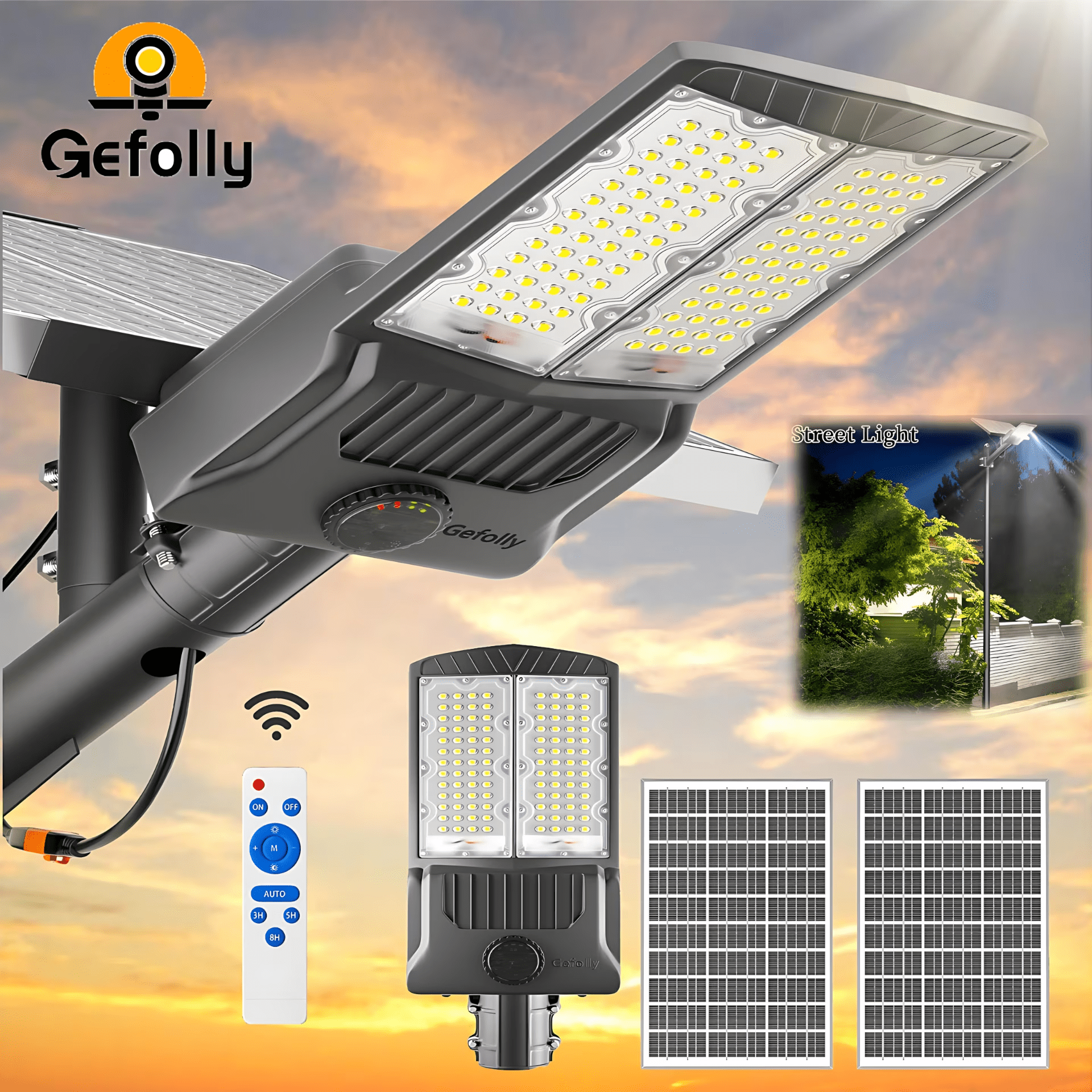 Gefolly Solar Street Lights, Dusk to Dawn, IP67 Waterproof for Outdoor Courtyard, Patio, Road - Gefolly