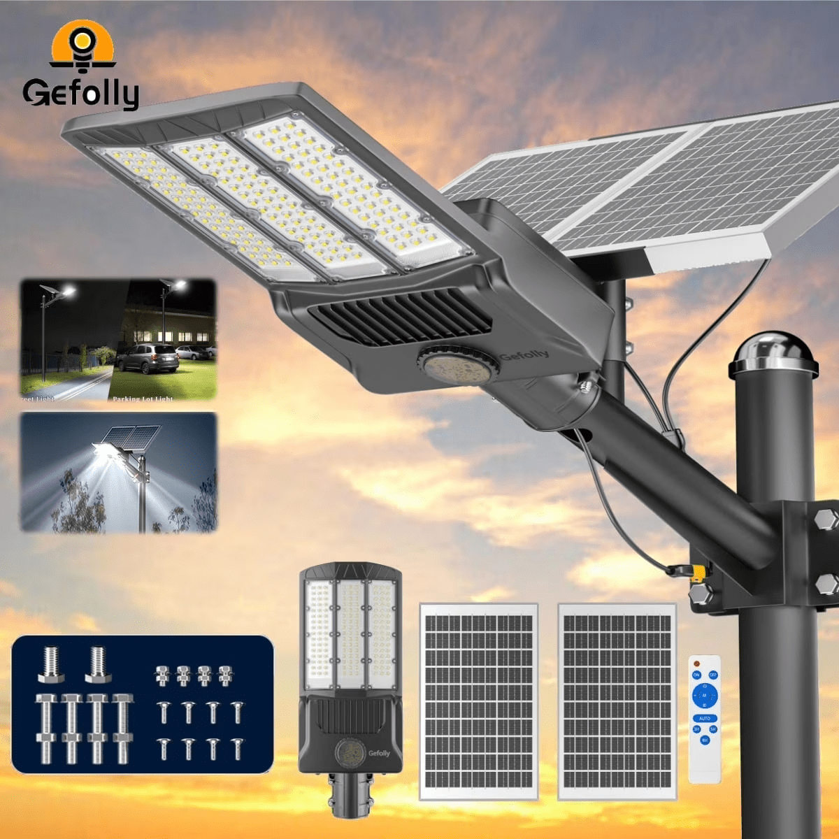 Gefolly Solar Street Lights, Dusk to Dawn, IP67 Waterproof for Outdoor Courtyard, Patio, Road - Gefolly