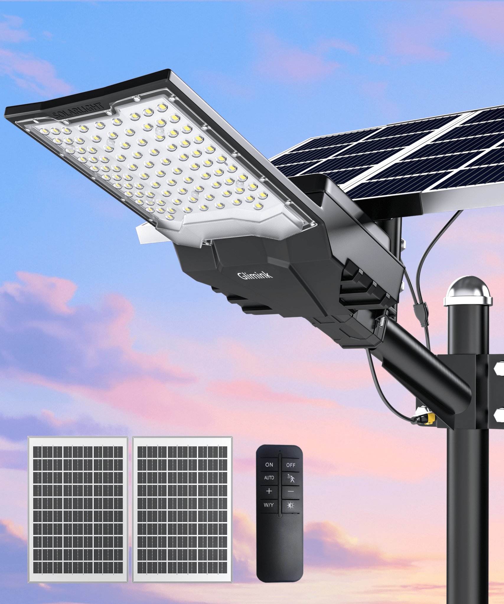 Glimink-SL-18000W Solar Street Lights Outdoor, Commercial Parking Lot Light Dusk to Dawn IP67 Waterproof 6500K Security Flood Lights Lamp for Yard, Road, Basketball Courts - Gefolly