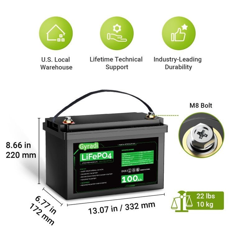 Gyradi 12V 100Ah LiFePO4 Lithium Iron Phosphate Battery - Gefolly