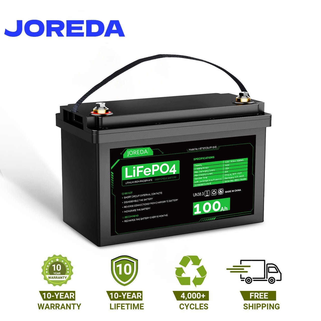 Joreda 12V 100Ah LiFePO4 Lithium Iron Phosphate Battery - Gefolly