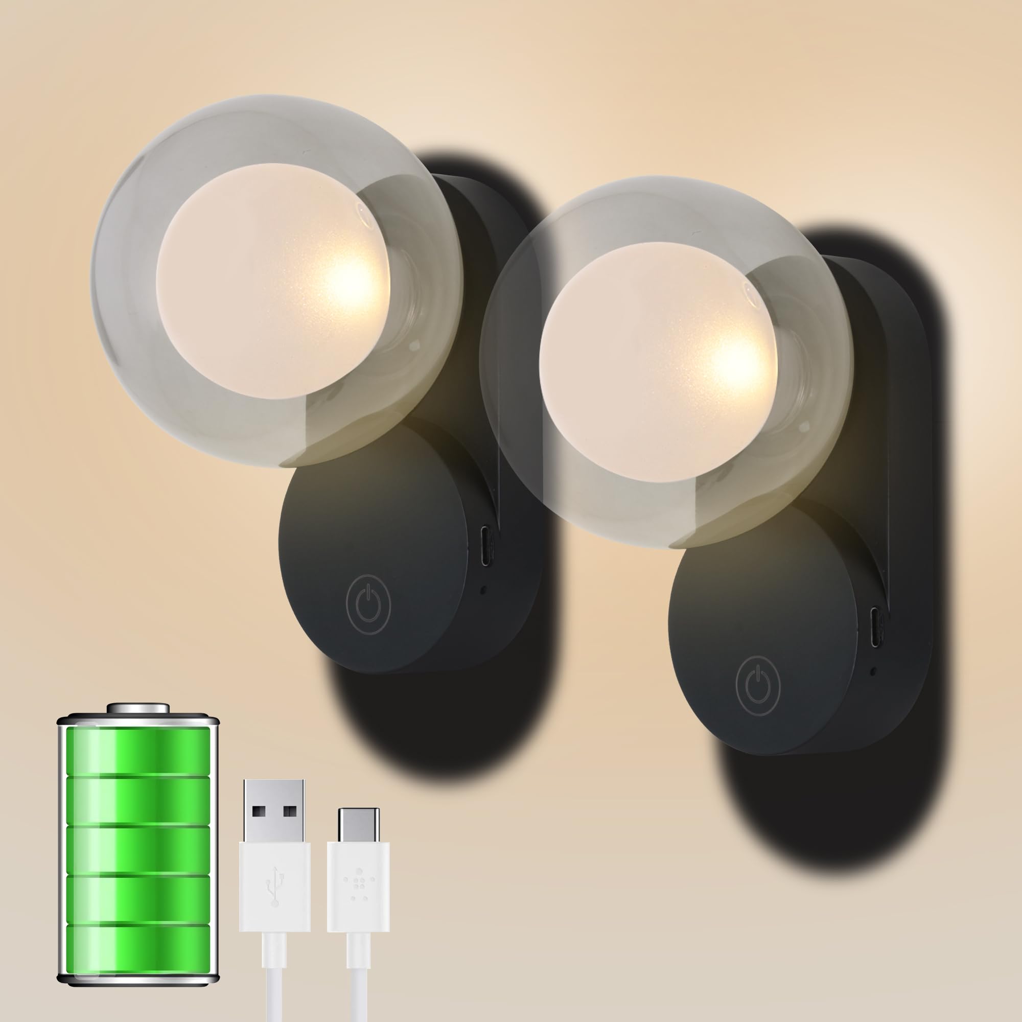 LED Night Light Rechargeable Liaht Modes/3 - Leve Dimming Black Set of 2 - Gefolly